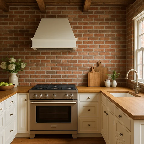 cocina con paredes de ladrillo